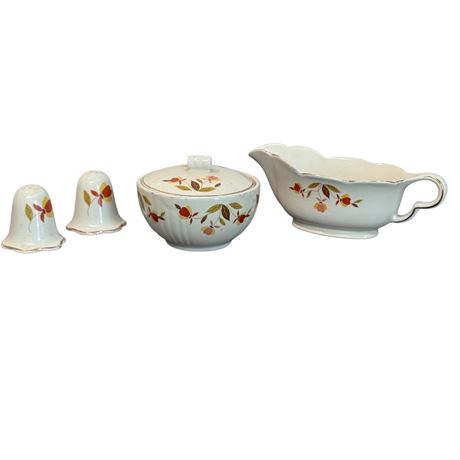 Jewel Tea Autumn Leaf Salt & Pepper, Gravy Boat & Covered Sugar