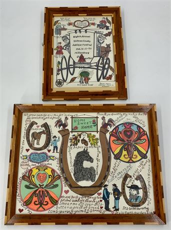 2 Handmade Walnut, Maple & Mahogany Marquetry Frames, PA Dutch Watercolor