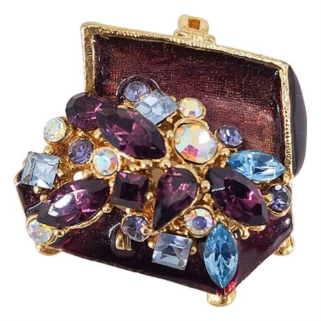 Vintage Enamel Treasure Chest Full of Rhinestones Brooch