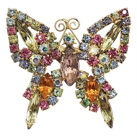 Vintage Multicolored Rhinestone Butterfly Brooch