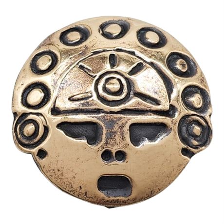 Vintage Brass Mesoamerican Face Brooch