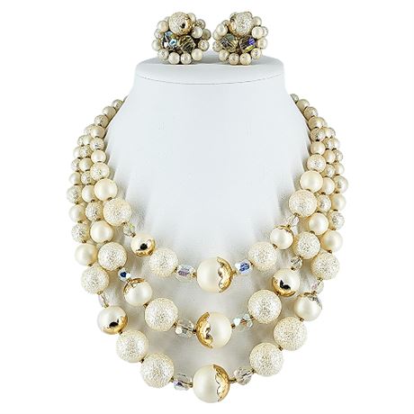 Vintage Japan 3-Strand Textured/Matte Faux Pearl Necklace & Clip Earrings Set