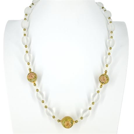 Vintage Hand Painted Rose Bead Necklace, Frosted Acrylic & Gold-Tone Floral