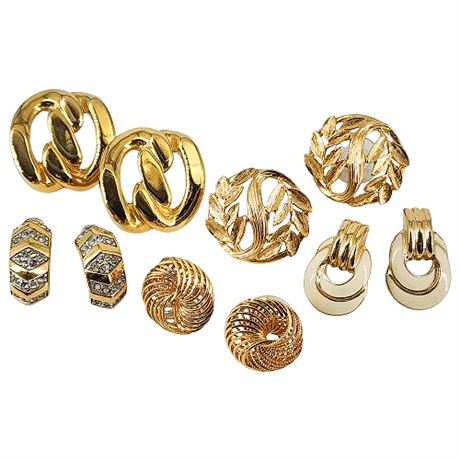 Five Pairs Vintage Gold Tone Earrings, incl. Trifari, Monet, Napier