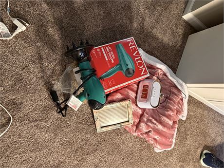 Hair Dryer, Frame, Pink Throw & Alarm Clock