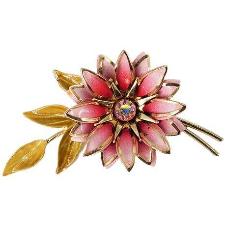 Vintage Pink Enamel & Aurora Borealis Rhinestone Flower Brooch