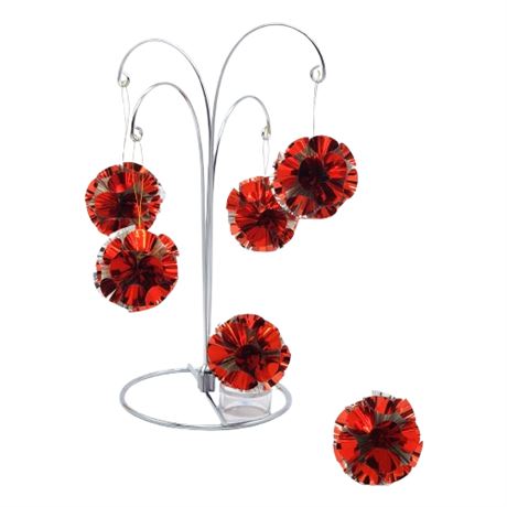 Six Vintage Atomic Foil Silver/Red Pom-Pom Ornaments