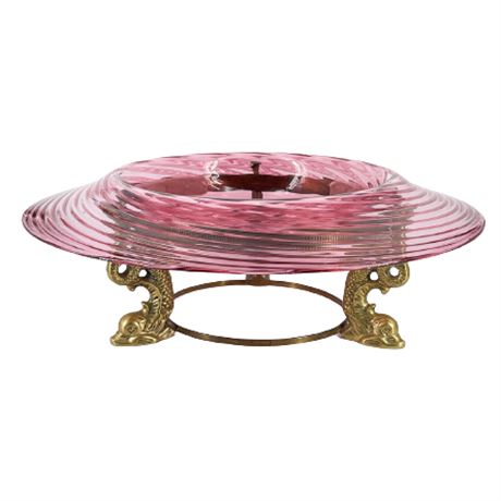 Art Glass Console Bowl on Brass Stand