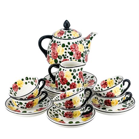 Vintage German Majolica Hand Painted Ceramic Tea Set for 6