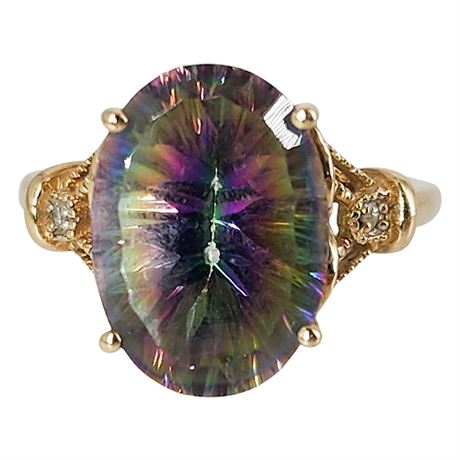 Signed 10K Gold Mystic Topaz & Diamond Ring, Sz 5.75