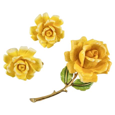 Vintage JONETTE JEWELRY Yellow Roses Brooch & Clip Earrings Set