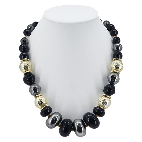 Vintage Chunky Black & Metallic Acrylic Beaded Necklace