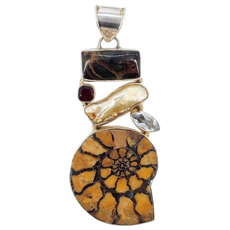 Large Silver Tone Multi-Stone Ammonite Pendant