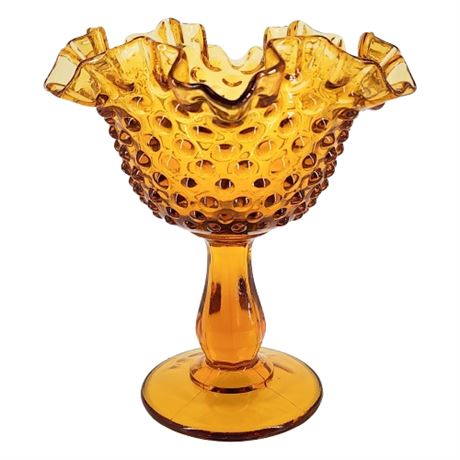 Vintage FENTON Hobnail Colonial Amber Ruffled Compote