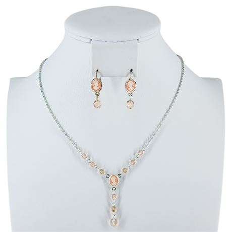 Vintage 1928 JEWELRY Silver Tone Cameo Necklace & Earrings Set