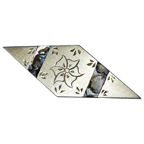Vintage Etched Alpaca Silver Abalone Inlay Brooch