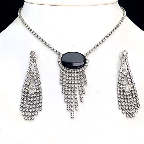 Vintage Prong Set Clear Rhinestone Black Glass Necklace & Chandelier Earrings