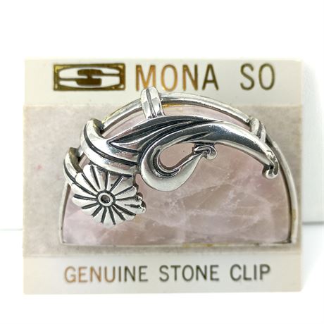 Mona So Genuine Rose Quartz Stone Clip Brooch – Silver Tone Floral Scroll Design