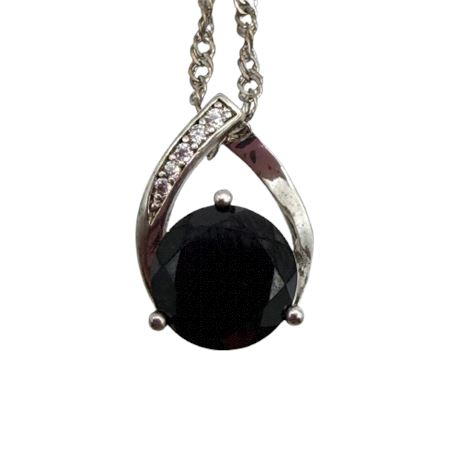 Silver Tone Necklace with Black Stone