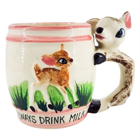 Vintage Hand Painted Ceramic "Always Drink Milk" Deer Mug