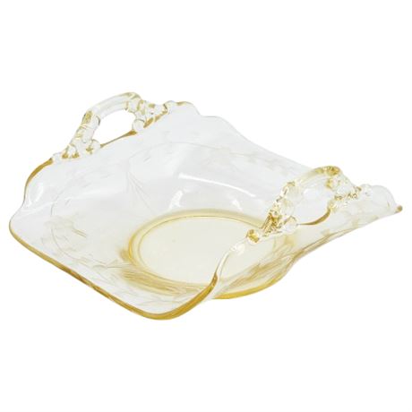 Vintage Cambridge Glass Etched Vaseline Glass Handled Bon-Bon Plate