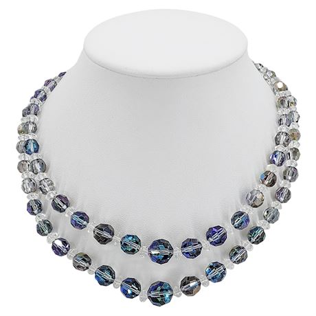 Vtg Faceted Blue Aurora Borealis Crystal 2-Strand Necklace