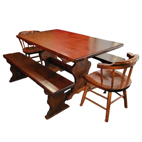 Vintage Red Pine Trestle Dining Table w/ Benches & Chairs