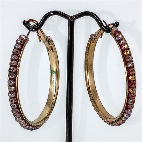 Gold-Tone Beaded Hoop Earrings – Faceted Mauve Crystal Beads, Latch-Back Closure