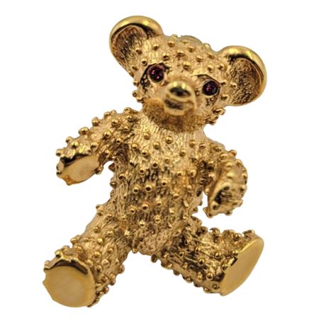 Vintage Gold Tone Teddy Bear Rhinestone Eyes Brooch