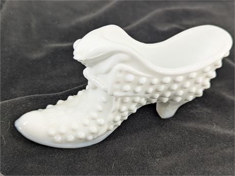 FENTON Glass Shoe White Milk Glass Shoe Boot with Cat Front Hobnail Design
