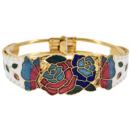 Vintage Floral Butterfly Cloisonné Enamel Clamper Bangle Bracelet