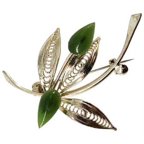 Vintage Gold Tone Filigree & Nephrite Jade Brooch