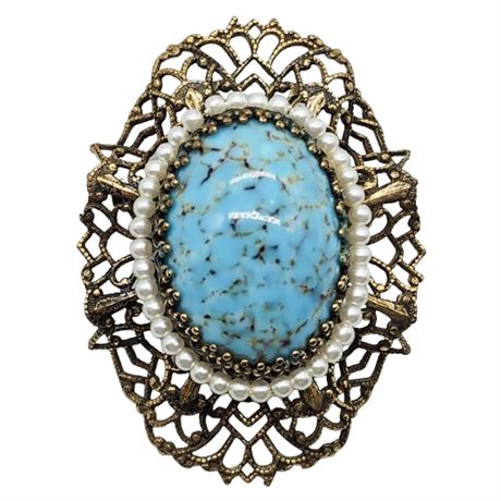 Vintage Ceramic Cabochon Filigree Brooch