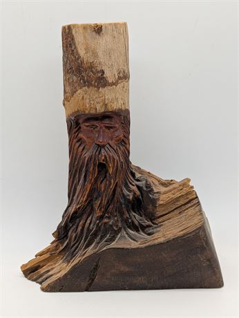 OAK Hand Carved Signed WOOD Man Beard CARVING FOREST FACE SCULPTURE