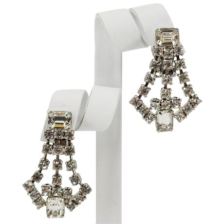 Vintage Prong Set Rhinestone Chandelier Clip Earrings