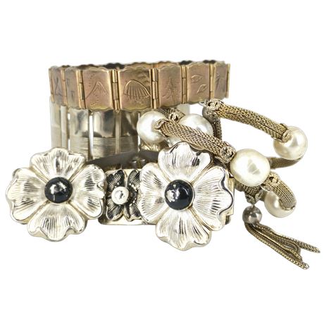 Vintage Bracelet Lot Gold Tone Link Etched Panel Floral Statement Faux Pearl Mes