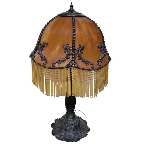 Tiffany Style Table Lamp & Slag Glass w/ Fringe Shade