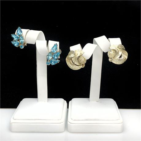 Vintage Lisner Gold Tone Fancy Earrings & Blue Marquise Unsigned Earrings