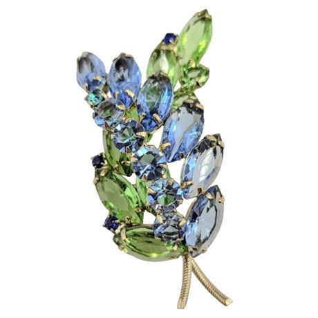Vintage Juliana Blue and Green Navette Rhinestone Gold Tone Brooch