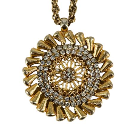 Tammy Jewels Sunburst Gold Tone & Rhinestone Pendant w Necklace