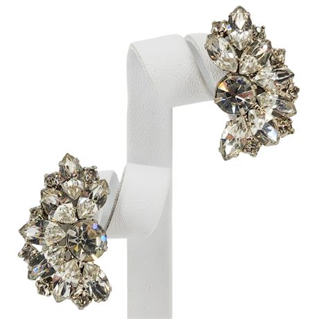 Vintage Prong Set Clear Rhinestone Cluster  Clip Earrings