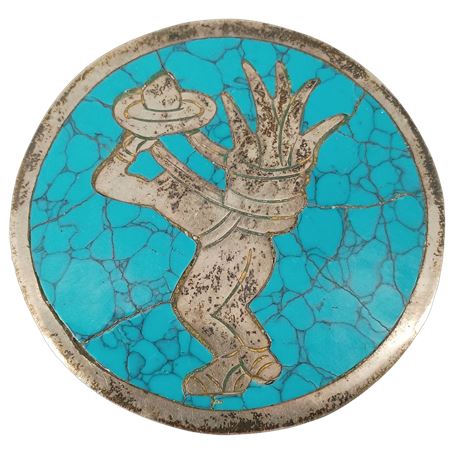 Vintage Mexican Silver Pin that Doubles as Pendant with Turquoise-Tone
