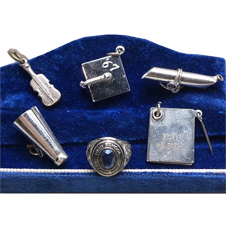 Vintage Sterling Silver Charm Lot - HS, Diploma, Class Ring, Megaphone, Grad Cap
