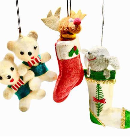 Vtg Felted Christmas Lot - Rudolph, Mouse Stocking and Teddybears