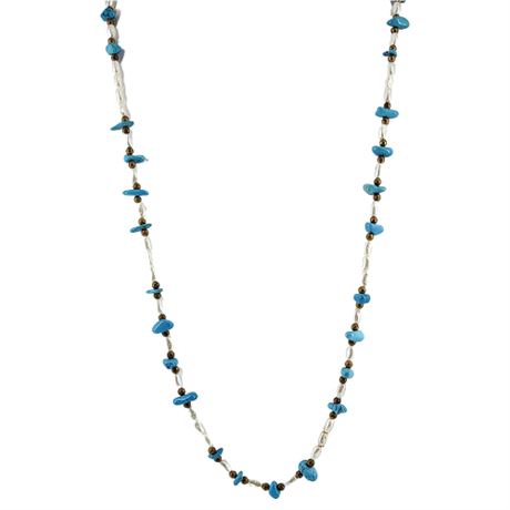 Vintage Turquoise, Faux Pearl, & Brass Beaded Necklace