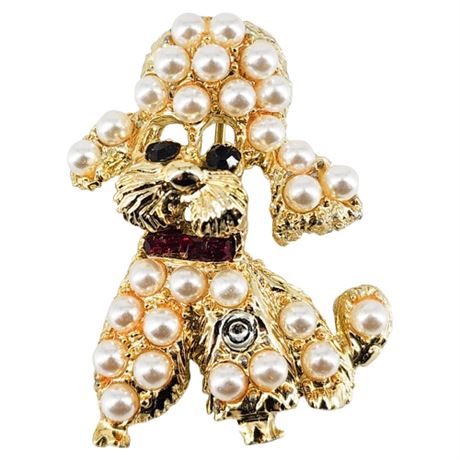 Vintage Faux Pearl & Rhinestone French Poodle Brooch
