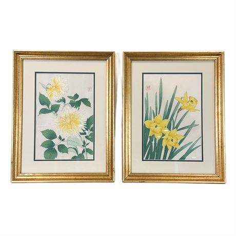 Pair of Vintage Shodo Kawarazaki Daffodil Woodblock Prints