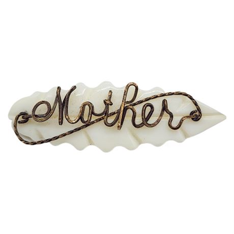 Vintage Carved Mother of Pearl & Gold Filled Wire "Mother" Brooch