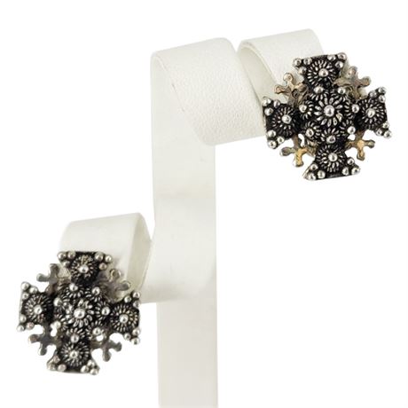 Vintage 1000 Silver Jerusalem Cross Clip Earrings