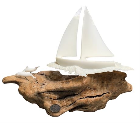 John Perry Nautical Burlwood Dolphin & Sailboat Seaside Sculpture